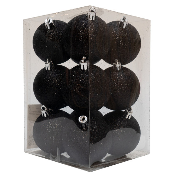 Набір ялинкових іграшок - кулі, 12 шт, D6 см, чорний, гліттер, пластик (892203)