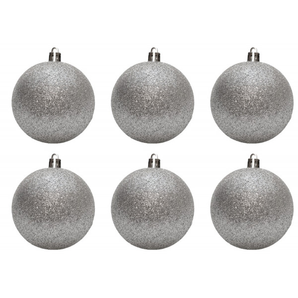 Набір ялинкових іграшок - кулі, 6 шт, D8 см, сріблястий, гліттер, пластик (892319)