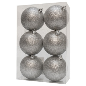 Набір ялинкових іграшок - кулі, 6 шт, D8 см, сріблястий, гліттер, пластик (892319)