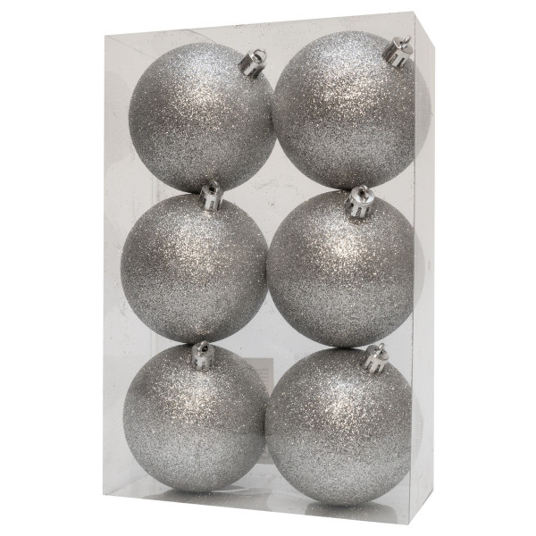 Набір ялинкових іграшок - кулі, 6 шт, D8 см, сріблястий, гліттер, пластик (892319)