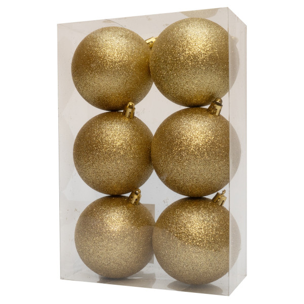 Набір ялинкових іграшок - кулі, 6 шт, D8 см, золотистий, гліттер, пластик (892326)