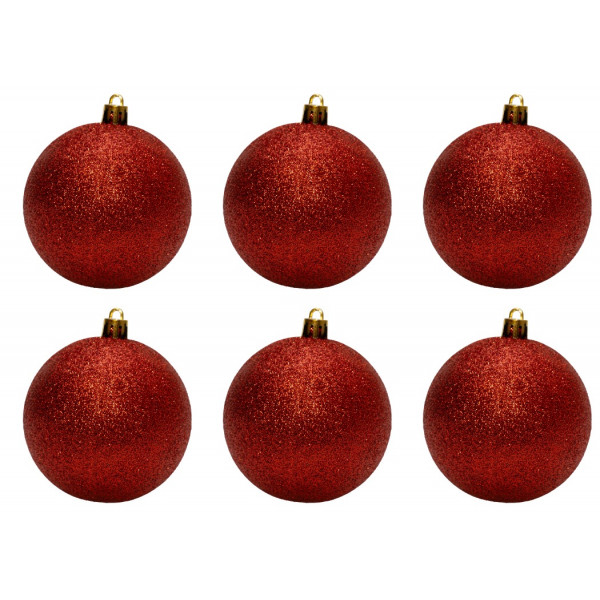 Набір ялинкових іграшок - кулі, 6 шт, D8 см, червоний, гліттер, пластик (892333)