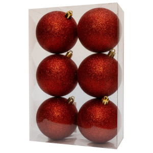 Набір ялинкових іграшок - кулі, 6 шт, D8 см, червоний, гліттер, пластик (892333)