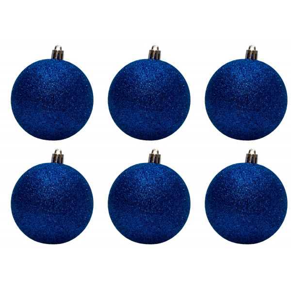 Набір ялинкових іграшок - кулі, 6 шт, D8 см, синій, гліттер, пластик (892340)