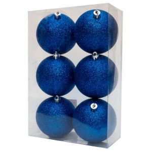 Набір ялинкових іграшок - кулі, 6 шт, D8 см, синій, гліттер, пластик (892340)