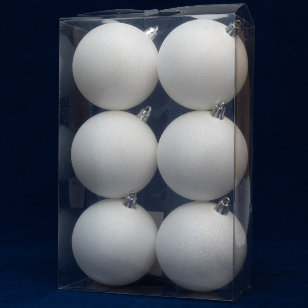 Набір ялинкових іграшок - кулі, 6 шт, D8 см, білий, гліттер, пластик (892357)