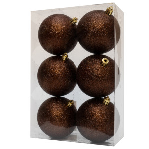 Набір ялинкових іграшок - кулі, 6 шт, D8 см, шоколадний, гліттер, пластик (892364)