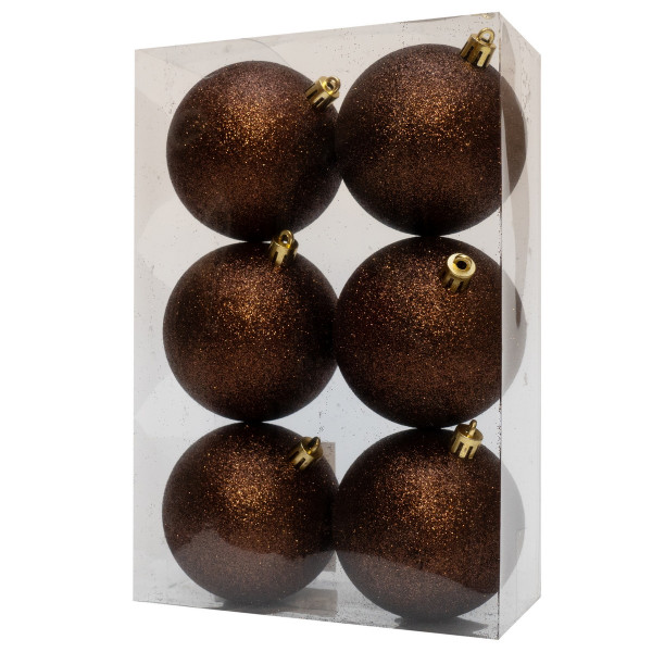 Набір ялинкових іграшок - кулі, 6 шт, D8 см, шоколадний, гліттер, пластик (892364)
