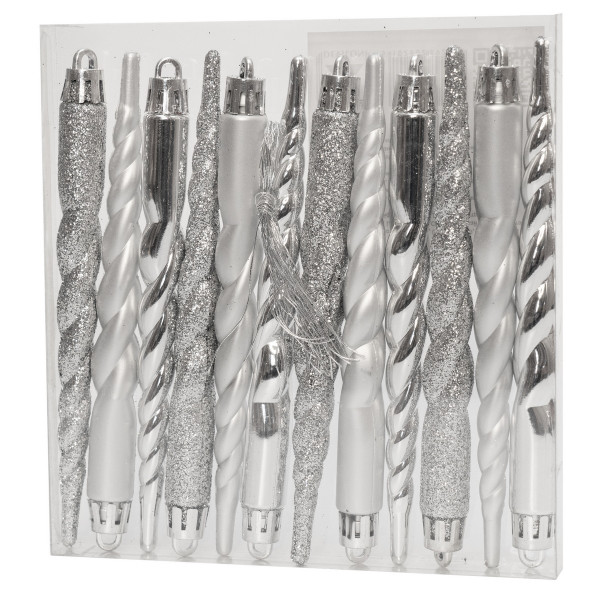 Набір ялинкових іграшок - бурульки, 12 шт, 14 см, сріблястий, мікс, пластик (892463)