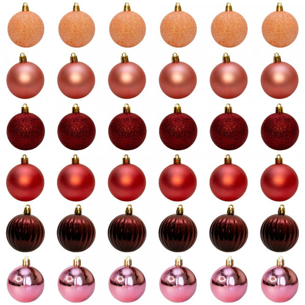 Набір ялинкових іграшок - кулі, 36 шт, D6 см, червоно-рожевий, мікс, пластик (892623)