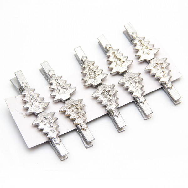 Набір ялинкових іграшок - прищіпки Ялинка, 10 шт, 16x9 см, сріблястий, дерево (060603-4)