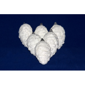 Набір ялинкових іграшок - шишки з блискітками, 6 шт, 7 см, білий, пінопласт (200268)