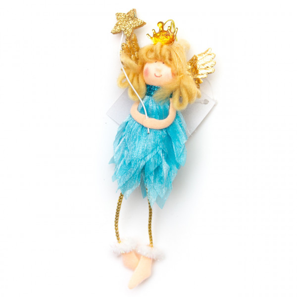 Новорічна ялинкова іграшка - фігурка Янголятко в блакитній сукні, 16 см, блакитний, текстиль (220723-2)