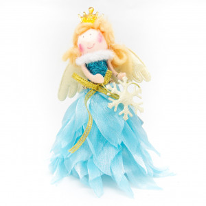 Новорічна ялинкова іграшка - фігурка Янголятко в блакитній сукні, 14 см, блакитний, текстиль (220747-2)