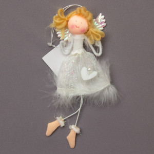 Новорічна ялинкова іграшка - фігурка Янголятко в білій сукні з сердечком, 15 см, білий, текстиль (220945-2)