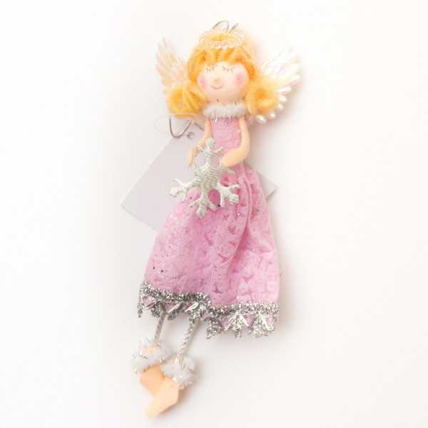 Новорічна ялинкова іграшка - фігурка Янголятко, 18 см, рожева, текстиль (221737-1)