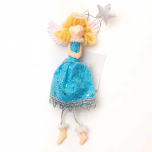 Новорічна ялинкова іграшка - фігурка Янголятко, 18 см, блакитний, текстиль (221737-2)