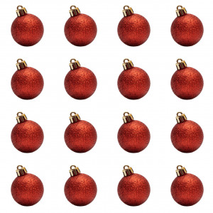 Набір ялинкових іграшок - кулі, 16 шт, D4 см, червоний, гліттер, пластик (250898)