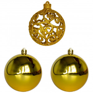 Набір ялинкових іграшок - кулі, 3 шт, D8 см, 2 глянця, 1 гліттер, золотистий, пластик (251659-3)