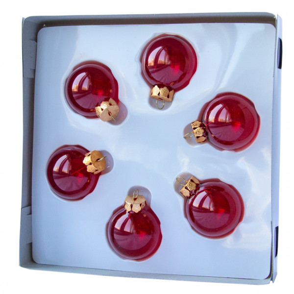 Набір ялинкових іграшок - міні-кулі, 6 шт, D4 см, червоний, глянець, скло (390588-3)