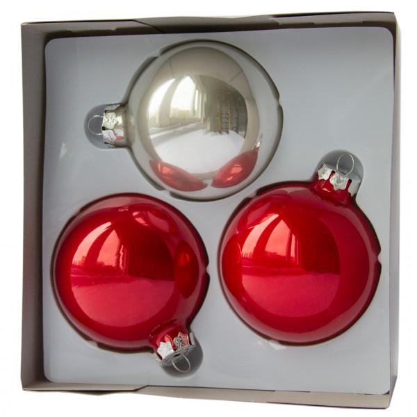 Набір ялинкових іграшок - кулі, 3 шт, D8 см, червоний, сріблястий, скло, глянець (390656-2)