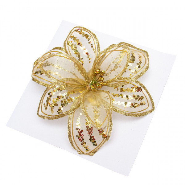 Ялинкова іграшка - Квітка з органзи на кліпсі, 20 см, золотистий, органза (780044-2)