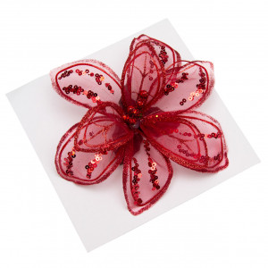 Ялинкова іграшка - Квітка з органзи на кліпсі, 16 см, червоний, органза (780099-3)