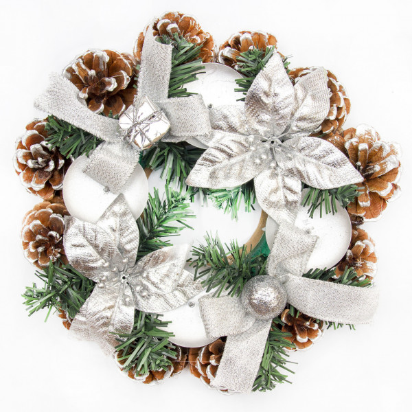 Підсвічник - Вінок з квітами та декором, 23 см, сріблястий (930166)