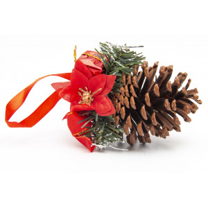 Ялинкова іграшка - шишка з червоною стрічкою, 10 см, пластик, текстиль (930180)