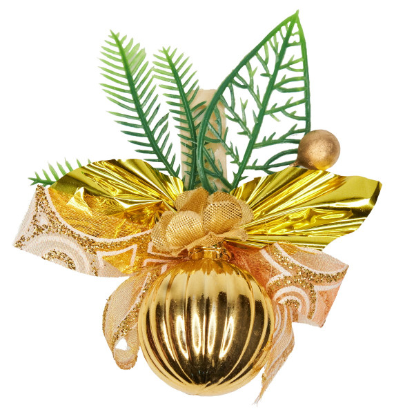 4 хвойних гілочки з золотими прикрасами на прищіпках, 6x10 см (470518)