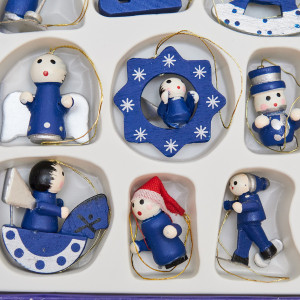 Набір ялинкових іграшок - дерев'яні фігурки, 12 шт, 15x12 см, синій, дерево (060047)