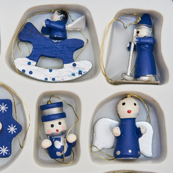 Набір ялинкових іграшок - дерев'яні фігурки, 12 шт, 15x12 см, синій, дерево (060047)