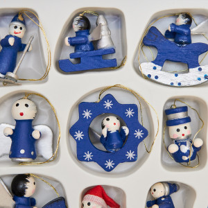 Набір ялинкових іграшок - дерев'яні фігурки, 12 шт, 15x12 см, синій, дерево (060047)