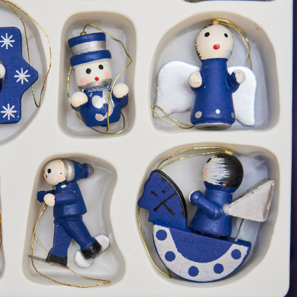 Набір ялинкових іграшок - дерев'яні фігурки, 12 шт, 15x12 см, синій, дерево (060047)