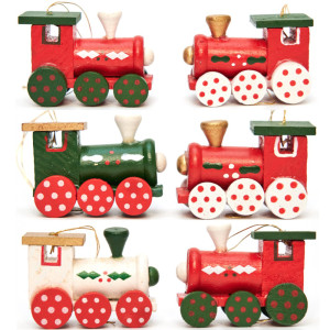 Набір ялинкових іграшок на ялинку - дерев'яні паровозики, 6 шт, 11x14 см, різнокольоровий, дерево (060290)