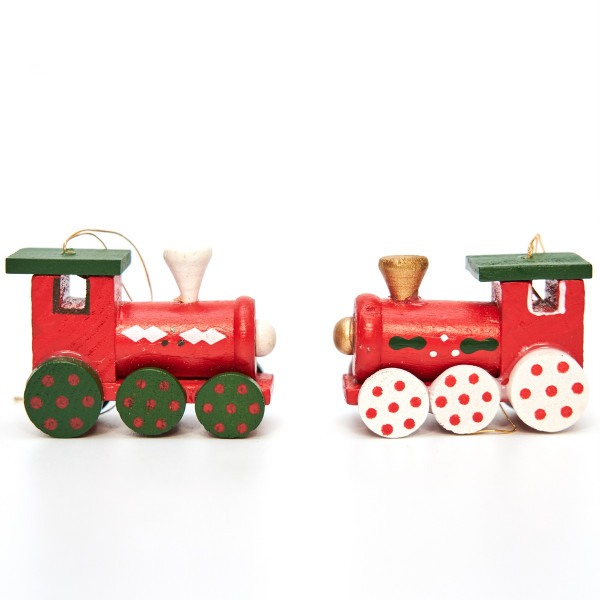 Набір ялинкових іграшок на ялинку - дерев'яні паровозики, 6 шт, 11x14 см, різнокольоровий, дерево (060290)