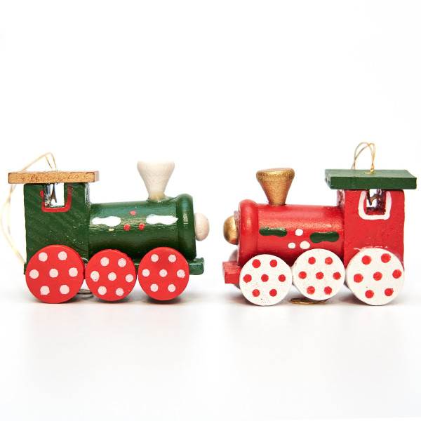 Набір ялинкових іграшок на ялинку - дерев'яні паровозики, 6 шт, 11x14 см, різнокольоровий, дерево (060290)