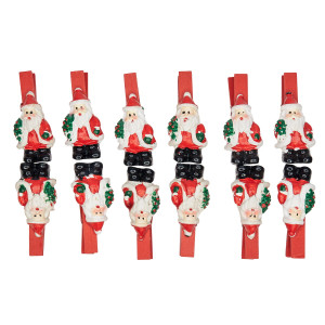 Набір ялинкових іграшок - прищіпки Санта (Дід Мороз) з ялинкою, 12 шт, 19x15 см, червоний, дерево (060382-4)