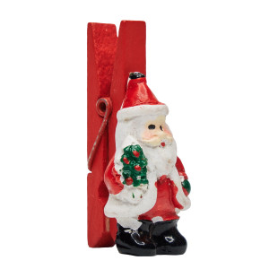 Набір ялинкових іграшок - прищіпки Санта (Дід Мороз) з ялинкою, 12 шт, 19x15 см, червоний, дерево (060382-4)