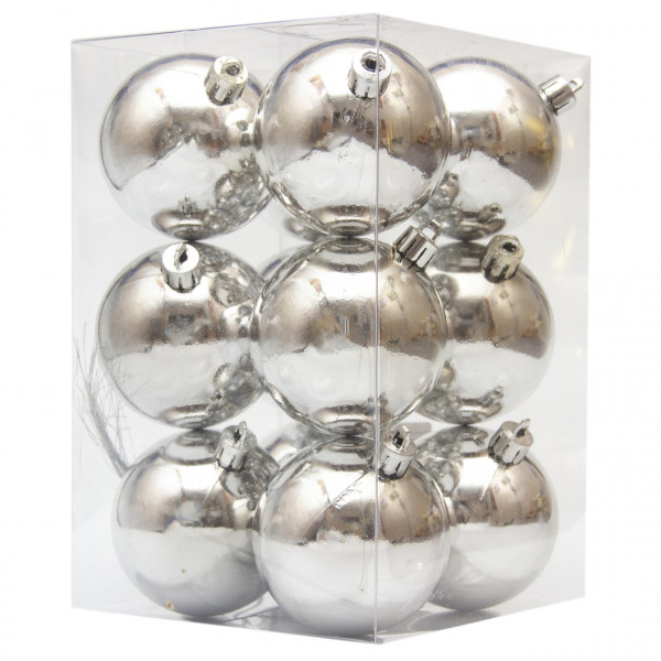 Набір ялинкових іграшок - кулі, 12 шт, D6 см, сріблястий, глянець, пластик (250256)