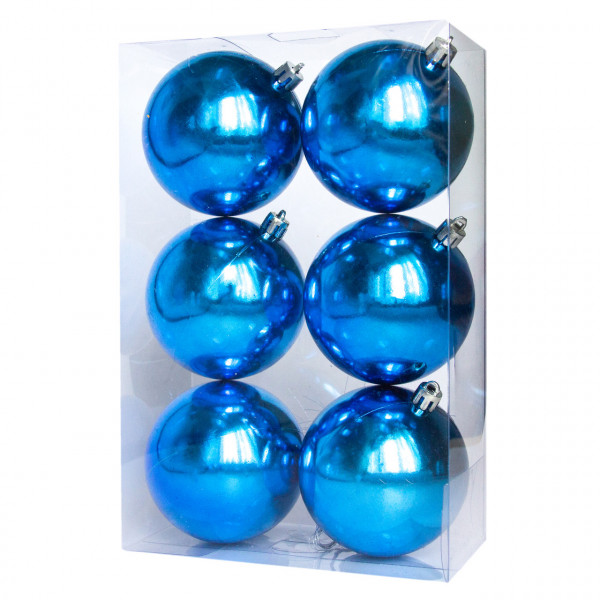 Набір ялинкових іграшок - кулі, 6 шт, D8 см, синій, глянець, пластик (250331)