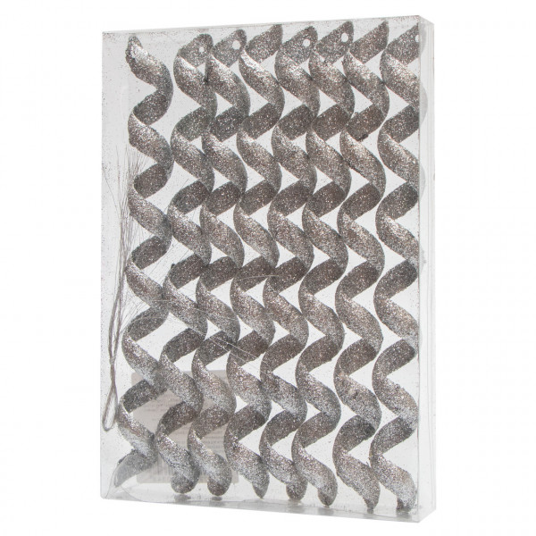 Набір ялинкових іграшок - Спіраль, 8 шт, 20 см, сріблястий, гліттер, пластик (250348)