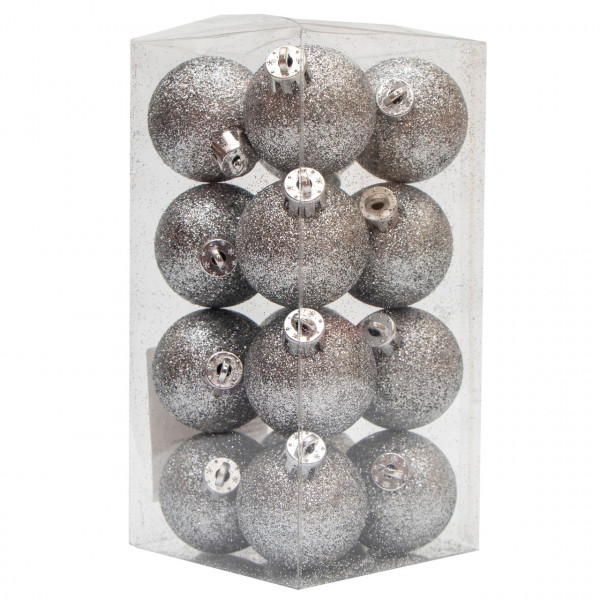 Набір ялинкових іграшок - кулі, 16 шт, D4 см, сріблястий, гліттер, пластик (250843)