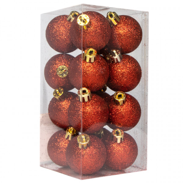 Набір ялинкових іграшок - кулі, 16 шт, D4 см, червоний, гліттер, пластик (250898)