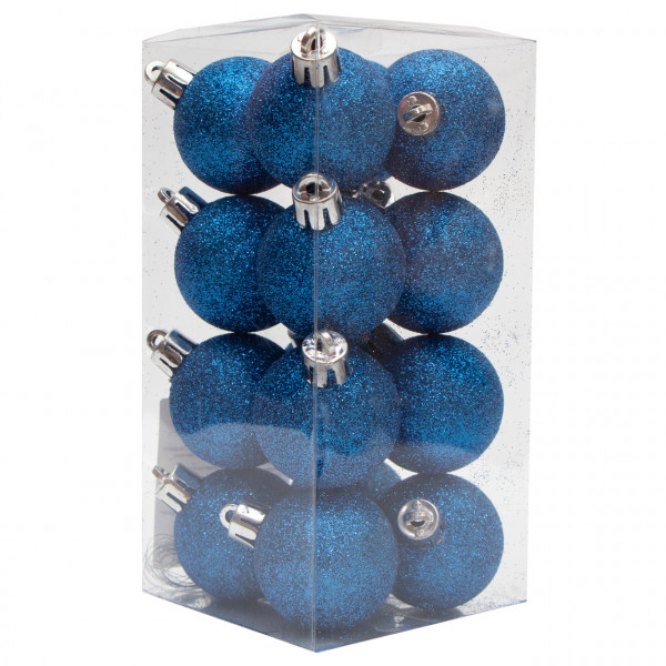 Набір ялинкових іграшок - кулі, 16 шт, D4 см, синій, гліттер, пластик (250928)