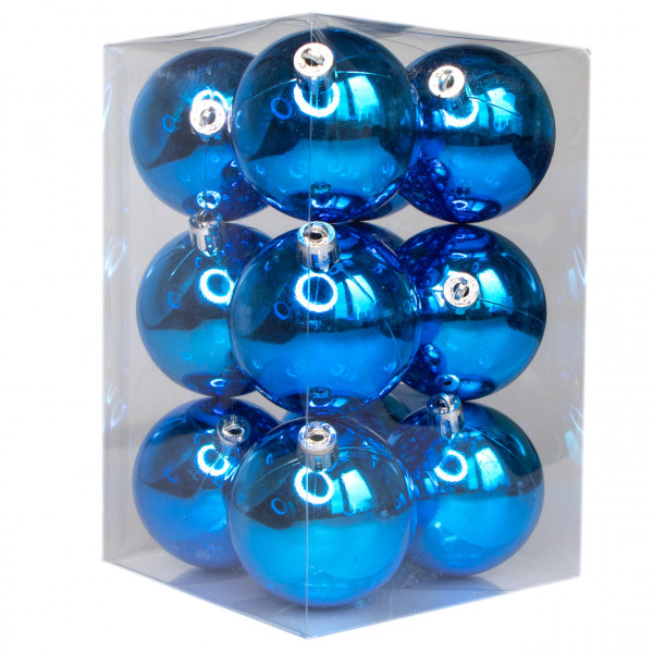 Набір ялинкових іграшок - кулі, 12 шт, D6 см, синій, глянець, пластик (251048)