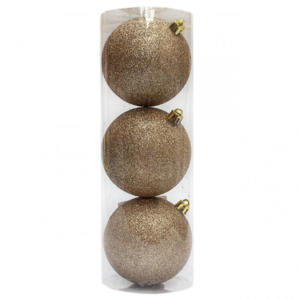 Набір ялинкових іграшок - кулі, 3 шт, D8 см, гліттер, шампань, пластик (251376)