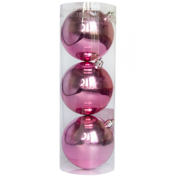 Набір ялинкових іграшок - кулі, 3 шт, D8 см, глянець, рожевий, пластик (251406)