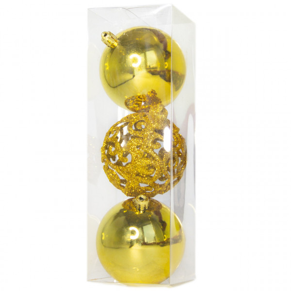 Набір ялинкових іграшок - кулі, 3 шт, D8 см, 2 глянця, 1 гліттер, золотистий, пластик (251659-3)