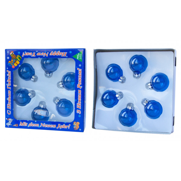 Набір ялинкових іграшок - міні-кулі, 6 шт, D4 см, синій, глянець, скло (390588-2)